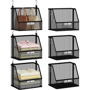 image:imageSTORAGE MANIAC 3 Tier Hanging Closet Organizer with Mesh Baskets Clothes Hanging Shelves Foldable Stackable Storage SpaceSaving Collapsible Basket with Hooks for RV Dorm Bedroom College Black3 Tier